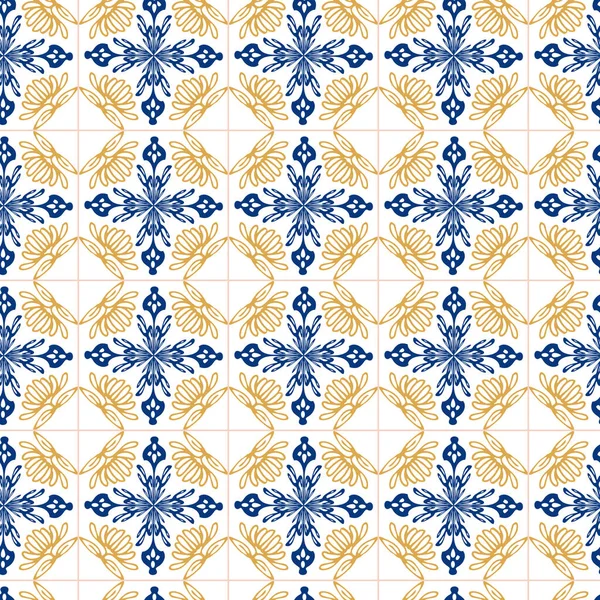 Portekiz Tarzı Sarı Mavi Süslemelerde Geometri Kusursuz Desen Azulejo Vektörü — Stok Vektör