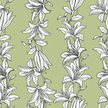 Zambak çiçekli el, tekstil ya da duvar kağıdı için kusursuz desen çizmiş. Vektör arkaplanı