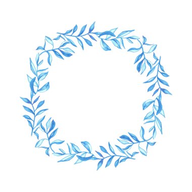 Mavi yapraklar çerçeve, suluboya çelenk kart veya davetiye tasarımı için yeşillik