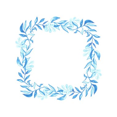 Mavi yapraklar çerçeve, suluboya çelenk kart veya davetiye tasarımı için yeşillik