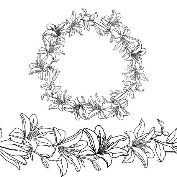 Lily Flower Head Wreath Wedding Design Cute Garland Lilies — Stock Vector