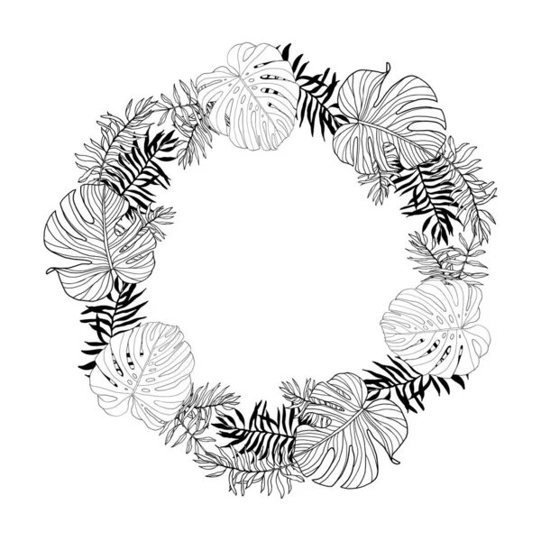 Circle Frame Tropical Jungle Leaves Hand Drawn Black White Wreath — Stock Vector
