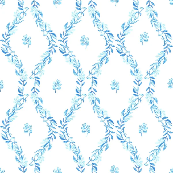 蓝色为纺织品或墙纸留下无缝图案 可爱手绘绿叶的平面设计 — 图库矢量图片