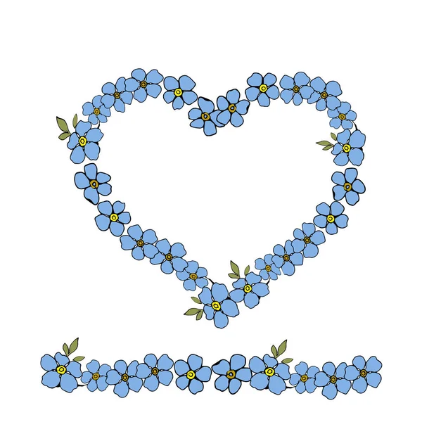 Cuori Floreali Cornice Con Piccolo Fiore Blu Carta Invitare — Vettoriale Stock
