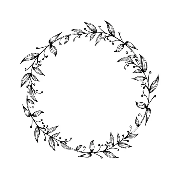 Hand Drawn Vector Sketch Floral Circle Frame Leaves Floral Background — Stock Vector