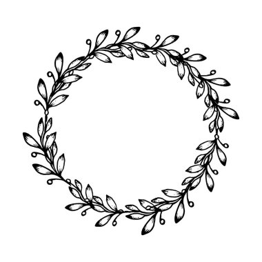 Çiçek dalı çizilmiş daire çelengi, kart veya davetiyeler için vektör illüstrasyon çerçevesi, beyaz arkaplanda izole