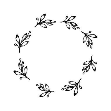 Çiçek dalı çizilmiş daire çelengi, kart veya davetiyeler için vektör illüstrasyon çerçevesi, beyaz arkaplanda izole
