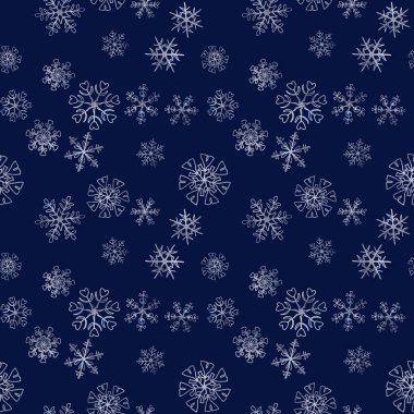 Kış tatili için kar tanesi kar yağışı mavi kar taneleri ve lacivert arka planlı kış için kusursuz desen. Noel ve yeni yıl arkaplanı. Vektör illüstrasyonu.
