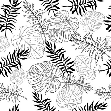 Black and white monstera and palm leaves seamless pattern for textile or wallpapers. Vector leaves background