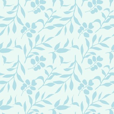 Mavi yapraklar, yüzey tasarımı, tekstil, duvar kağıdı için pürüzsüz desen. Siluet çiçekli elementler, vektör arkaplan
