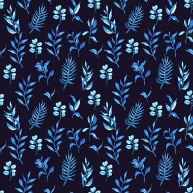 Mavi yapraklar, yüzey tasarımı, tekstil, duvar kağıdı için pürüzsüz desen. Siluet çiçekli elementler, vektör arkaplan
