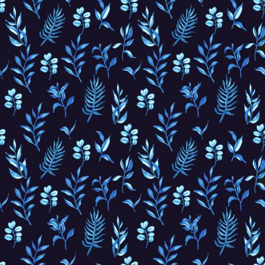 Mavi yapraklar, yüzey tasarımı, tekstil, duvar kağıdı için pürüzsüz desen. Siluet çiçekli elementler, vektör arkaplan