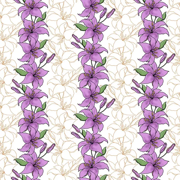 Lilly Rayas Flores Violetas Patrón Sin Costuras Para Textiles Papel — Vector de stock