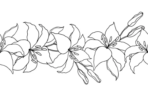 设计卡片或邀请函的百合线艺术花卉无缝花环 矢量黑白手绘图解 白色背景隔离 — 图库矢量图片