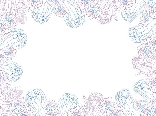 熱帯王タンパク質と蘭花フレームボーダー パステルブルーとピンク色で手描きのスケッチフラワーヘッド カードまたは招待のためのベクトル背景 — ストックベクタ