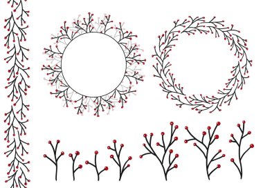 Kışlık böğürtlen seti, daire çelengi ve kart ya da davetiye için kusursuz yatılı, hassas pastel renkli defter. Vektör arkaplan çerçevesi, izole edilmiş el çizimi basit çerçeve.
