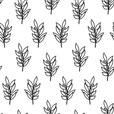 Tekstil ya da duvar kâğıdı için çiçeksiz desen, siyah mürekkep çizgisi yaprağı. Vektör arkaplanı.