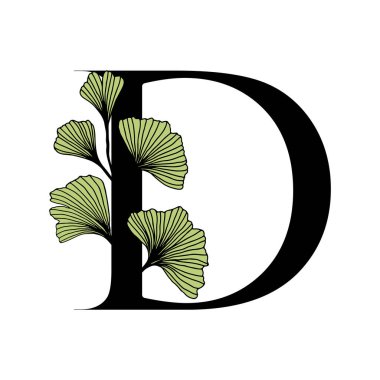 Ginkgo biloba alfabe D 'den ayrılıyor. Rozet ve simge modaya uygun çizgisel çizim tarzında. Vector Logo Amblem mektubu ve ginkgo dalı. Kozmetik, ilaç ve organik gıdalar için resim