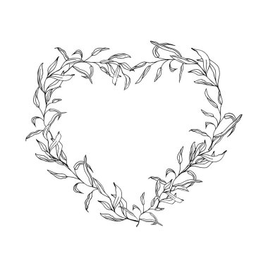 Çiçekli kalp çerçevesi, çizilmiş çizgiler kart ya da düğün davetiyesi için vektör çizimleri. Sevgililer Günü dekorasyonu, beyaz arka planda izole edilmiş..
