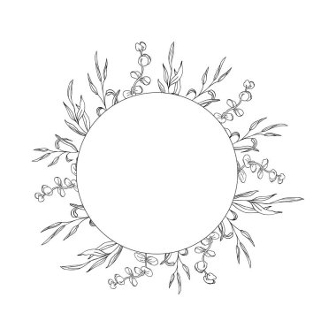 Çiçek yuvarlak çerçeve, okaliptüs yaprakları çizilmiş çizgiler, kart ya da düğün davetiyesi için vektör illüstrasyonu. Beyaz arkaplanda izole.