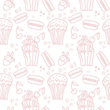 Tatlı pastalar, tatlı ve kusursuz desenli pastalar. Makarna, kek, puding, kirazlı ve çilekli kek. Tekstil, kumaş, albüm veya duvar kağıdı için el çizimi vektör arkaplanı.