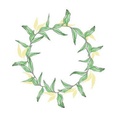 Çay, suluboya ve siluet çelenk çerçevesi bırakır. El, kartpostal, düğün, etiket, teşekkür kartı, kapak, logo, kozmetik için vektör çizimi yapar..