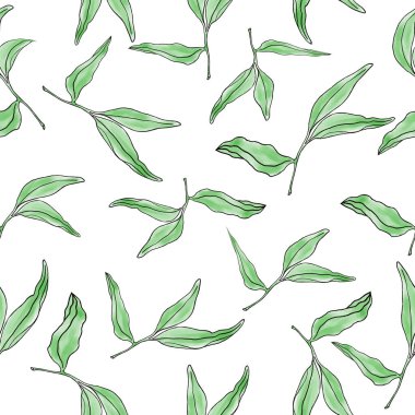 Çiçeksel suluboya deseni, el yapımı yeşillik tekstil için tekrarlama deseni. Çay yaprakları geriye dönük. Beyaz arkaplan yüzeyindeki zarif kumaş desen tasarımı