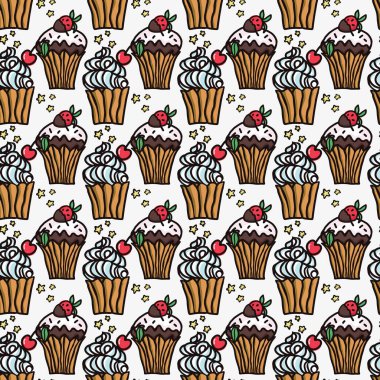 Tatlı dilimsiz tatlı kalıbı. Makarna, kek, puding, kirazlı ve çilekli kek. Yüzey tasarımı, tekstil, kumaş, hatıra defteri, duvar kağıdı için el çizimi vektör çizimi.