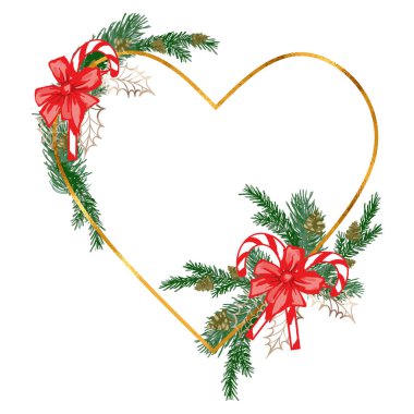 Çam dallı Noel altın kalbi çelengi kart ya da davetiye için. Vektör el çizimi resimleme, beyaz arkaplanda izole.