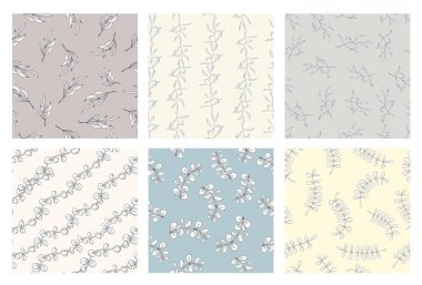 Yeşillik çizgisi sanat yaprakları, el çizimi basit çiçek desensiz desen seti, pastel renk. İzler için vektör arkaplanı, tekstil kumaşı, duvar kağıtları, hatıra defteri, ambalaj kağıdı