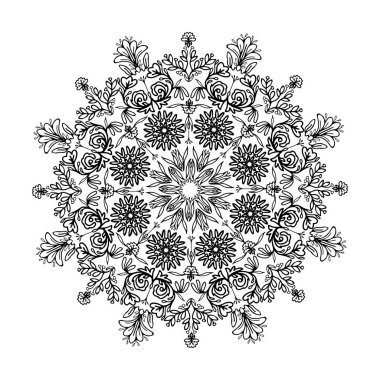 Mandala ruhu, sayfa boyama için yuvarlak dantelli süs. Vektör soyut çember deseni, beyaz arkaplanda izole et.