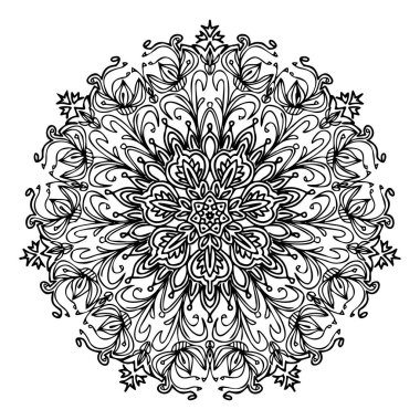 Mandala ruhu, sayfa boyama için yuvarlak dantelli süs. Vektör soyut çember deseni, beyaz arkaplanda izole et.