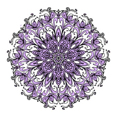 Mandala ruhu, kart veya davetiyenin yüzey tasarımı için yuvarlak dantel menekşe süsü. Vektör soyut çember deseni, beyaz arkaplanda izole et.