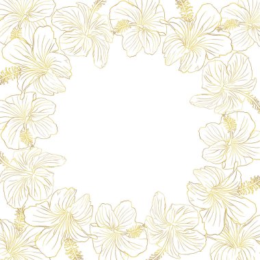 Hibiscus altın folyo çiçek karesi pankartı. Düğün davetiyeleri, tebrik kartları, hatıra defteri, baskı, hediye paketi, el çizimi sanat arka planı üretimi için kullanılabilir