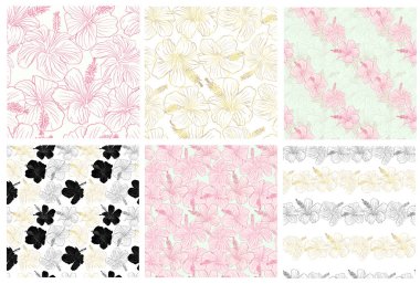 Hibiscus pembe ve altın çiçek silueti ve tekstil, kumaş, duvar kâğıdı ya da albüm kağıdı için düzenlenmiş düz çizgili sanat deseni. El çizimi tropikal, botanik yeşillik vektörü arka planı