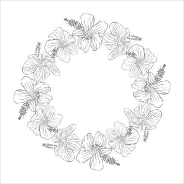 Hibiscus çiçeği siyah mürekkep çemberi çelengi. Düğün davetiyeleri, tebrik kartları, hatıra defteri, baskı ve hediye paketi için kullanılabilir. El çizimi sanat vektörü illüstrasyonu