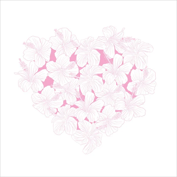 Hibiscus flower pink hearts wreath. Can be used for wedding invitations, greeting cards, scrapbook, print, gift wrap. Hand drawn line art vector illustration.