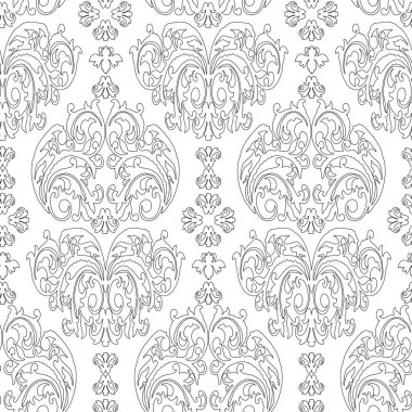 Vektör damaske klasik barok süsü. Antika desenli, dikişsiz çiçek deseni. Kraliyet duvar kağıdı. Gotik bir geçmişi var. Vektör siyah ve beyaz süslemesi.