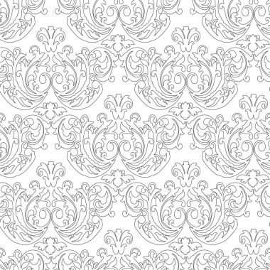 Vektör damaske klasik barok süsü. Antika desenli, dikişsiz çiçek deseni. Kraliyet duvar kağıdı. Gotik bir geçmişi var. Vektör siyah ve beyaz süslemesi.