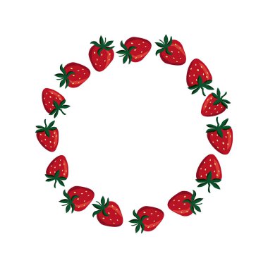 Kırmızı çilekli yaz eli kart ya da davetiye için meyve çemberi çelengi çizdi. Tatlı yemek klipsi sanatı, beyaz arkaplanda izole.
