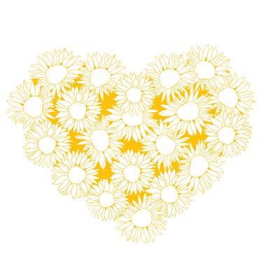 Çizgi sanatı ayçiçeği kalpleri arka plan, Sevgililer Günü için el çizimi çiçek elementleri. Kart veya davetiyeler için vektör illüstrasyonları.