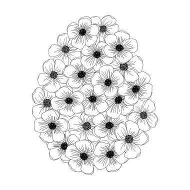 Çizgi sanatı bahar çiçeği Paskalya yumurtası, el çizimi çiçek elementleri. Kart veya davetiyeler için vektör illüstrasyonları, boyama kitabı.