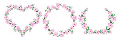 Sakura Pembe Kiraz Çiçeği Çiçeği Çelengi seti, düğün kartı, davetiye, kumaş tasarımı, hatıra defteri, origami için beyaz arkaplanda izole et. Vektör japan tarzı bahar arkaplanı