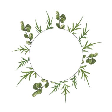 Yeşil suluboya yapraklar ve dallar çerçeve çelengi, el çizimi botanik çerçeve şablonu düğün davetiyesi veya kartları için, vektör arkaplan