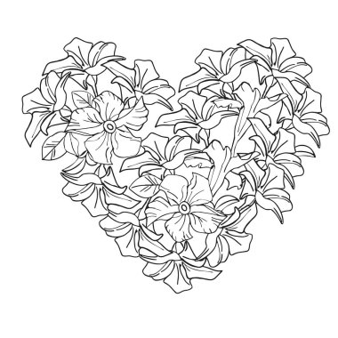 Çizgi sanatı yasemin çiçeği kalbi arka plan, Sevgililer Günü için el çizimi çiçek unsurları. Kart veya davetiyeler için vektör illüstrasyonları, boyama kitabı.
