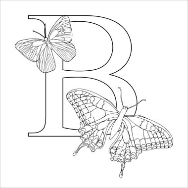 Butterfly alphabet Letter B to coloring book for kids. Vector illustration, isolate on white background clipart