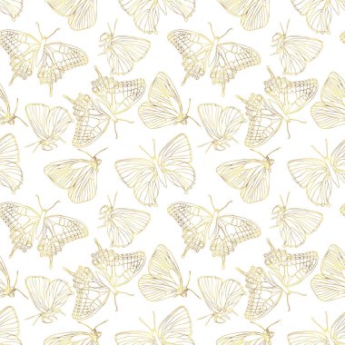 Kelebekler altın folyolar, kusursuz desenler. Tekstil, kumaş, duvar kağıdı ve hatıra defteri için vektör arkaplan. Yüzey tasarımı için kanatlı böcekler
