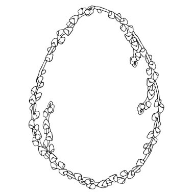 Paskalya Catkins yumurta çelengi arka planı, bahar tatili için el yapımı çiçek unsurları. Boyama sayfası için siyah-beyaz çizgili sanat kompozisyonları. Kart veya davetiyeler için vektör illüstrasyonları.