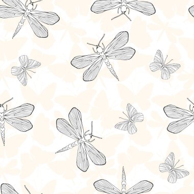 Kelebek sineği silueti, tekstil, kumaş, duvar kâğıdı ve albüm için kusursuz bir arka plan. Yüzey tasarımı için pastel renkte kanatlı böcekler.