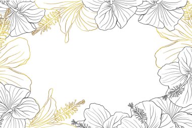 Kart tasarımı, düğün davetiyesi, albüm tasarımı için Hibiscus çiçek çerçeveli pansiyoner. Çizgi sanatı siyah mürekkep ve altın el tropikal çiçek arkaplanı